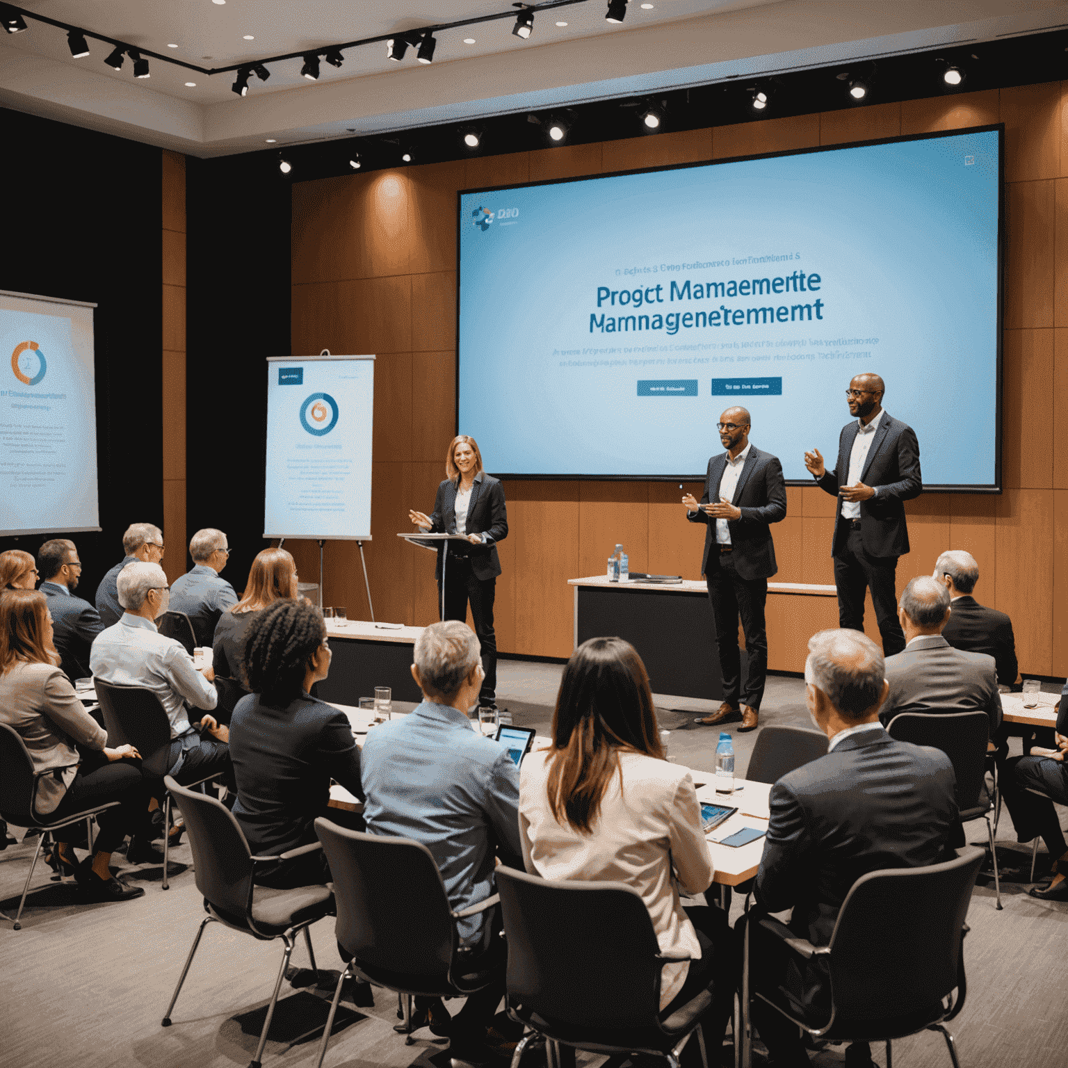 Group of diverse professional speakers on stage at a project management conference, showcasing expertise and leadership
