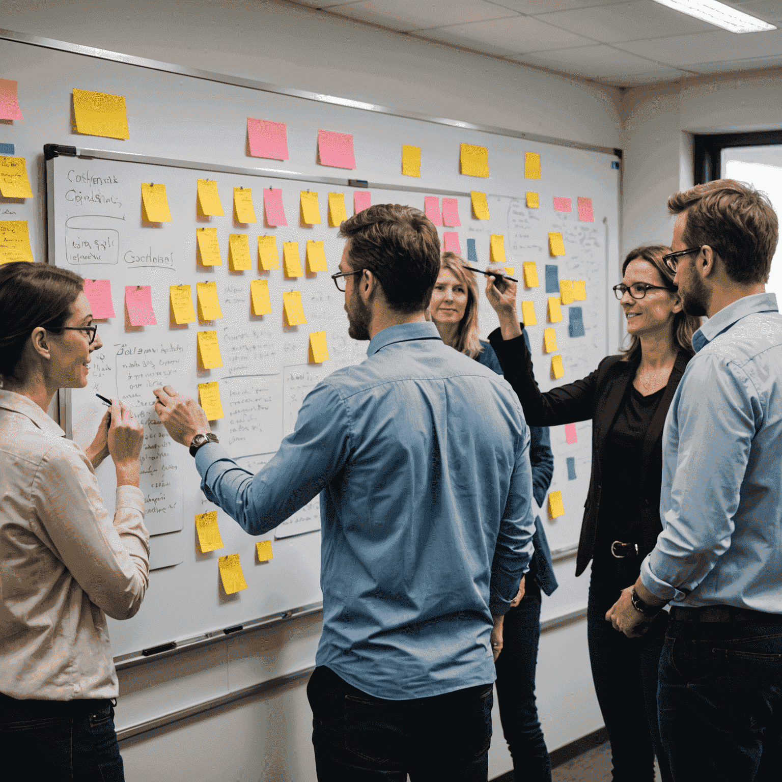 Project managers collaborating in an intensive Agile methodologies workshop, using whiteboards and sticky notes to map out project workflows
