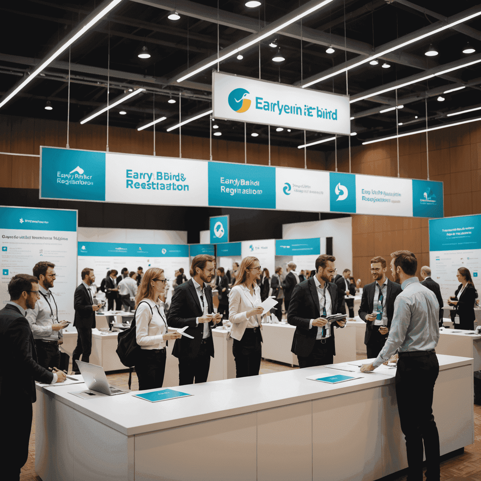 A conference hall with a 'Early Bird Registration' banner, showing excited project managers discussing and registering at booths