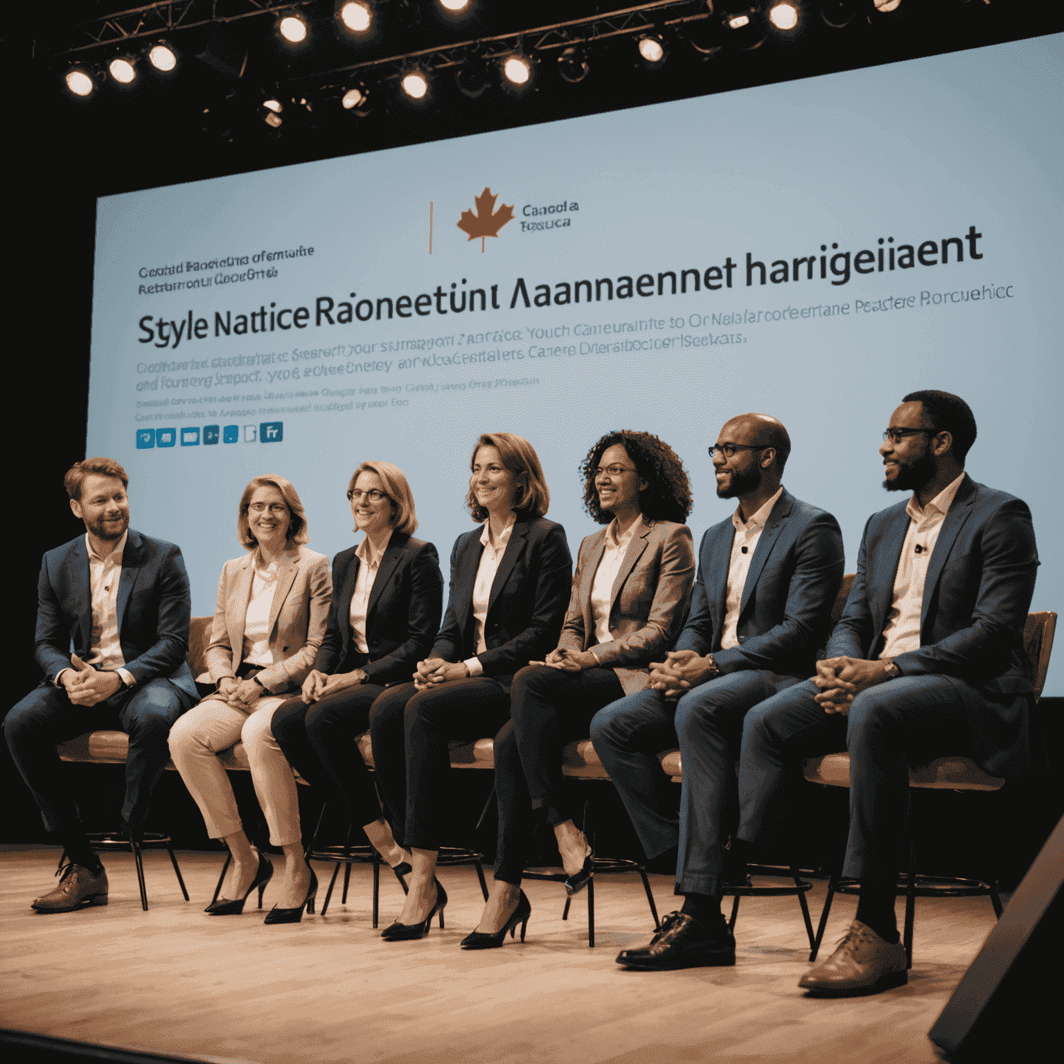 Group of diverse professional speakers on stage, sharing insights on project management in Canada