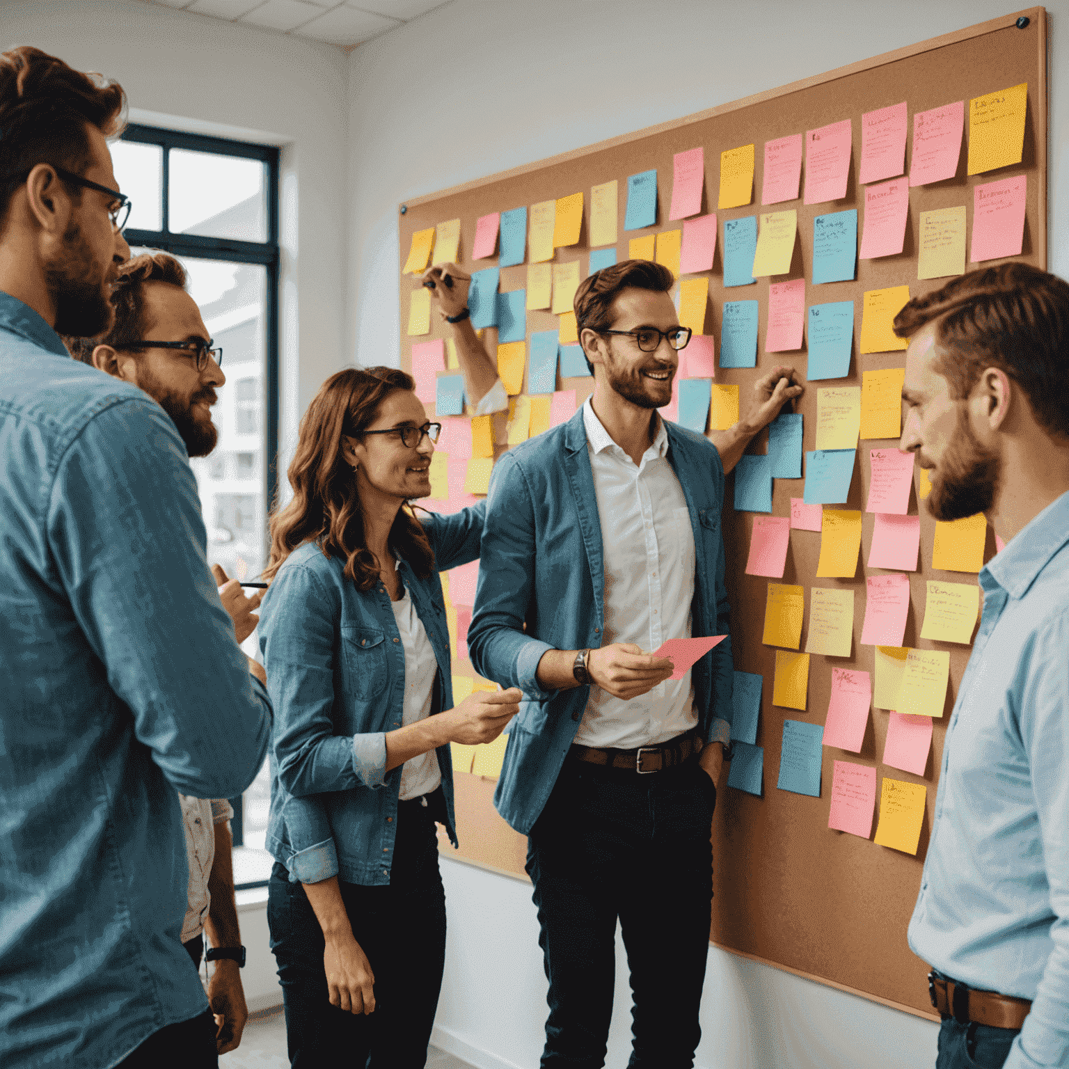 Group of project managers collaborating on an agile board with sticky notes, discussing sprint planning and iterative development processes