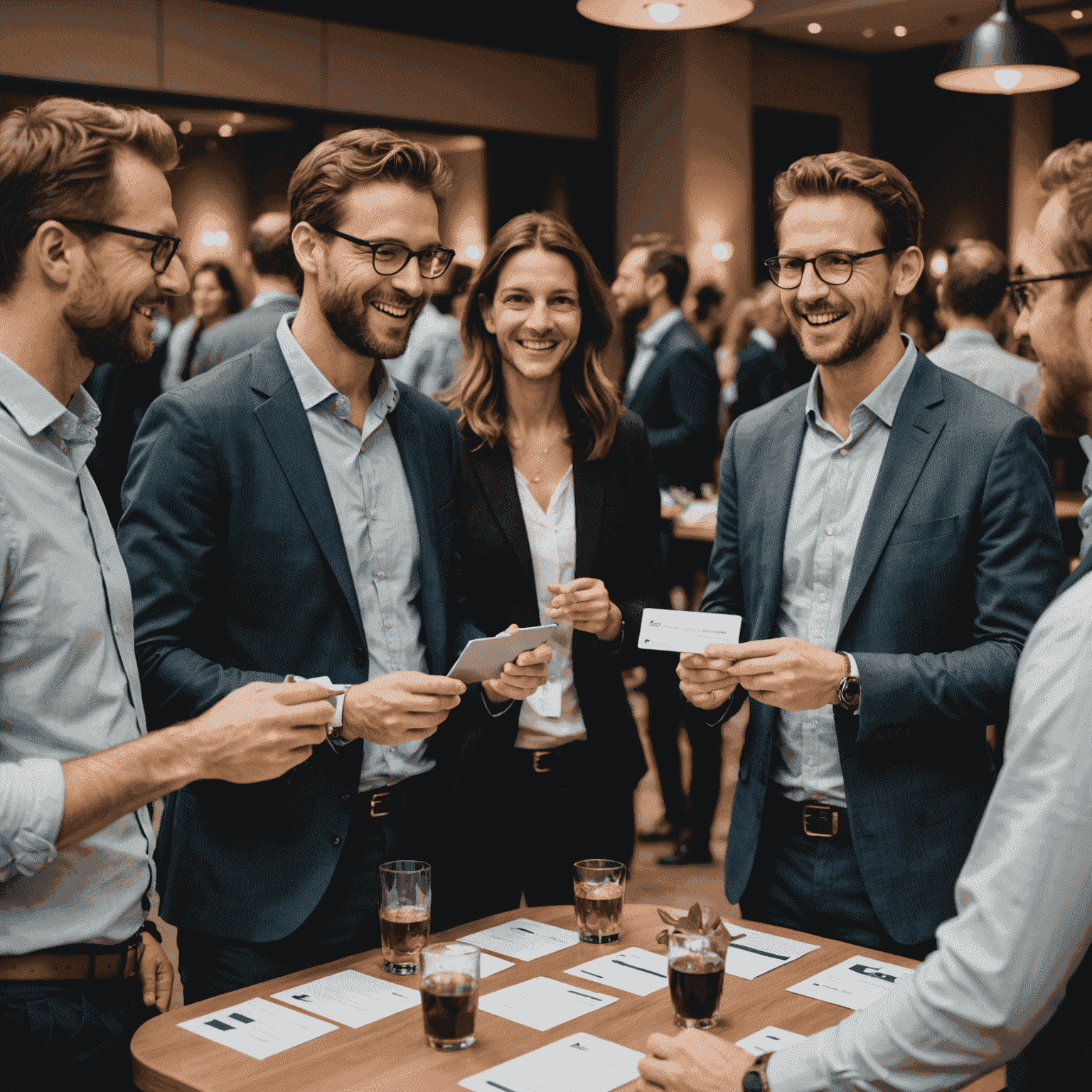 Project managers networking at a cocktail reception, exchanging business cards and engaging in animated conversations about project management trends