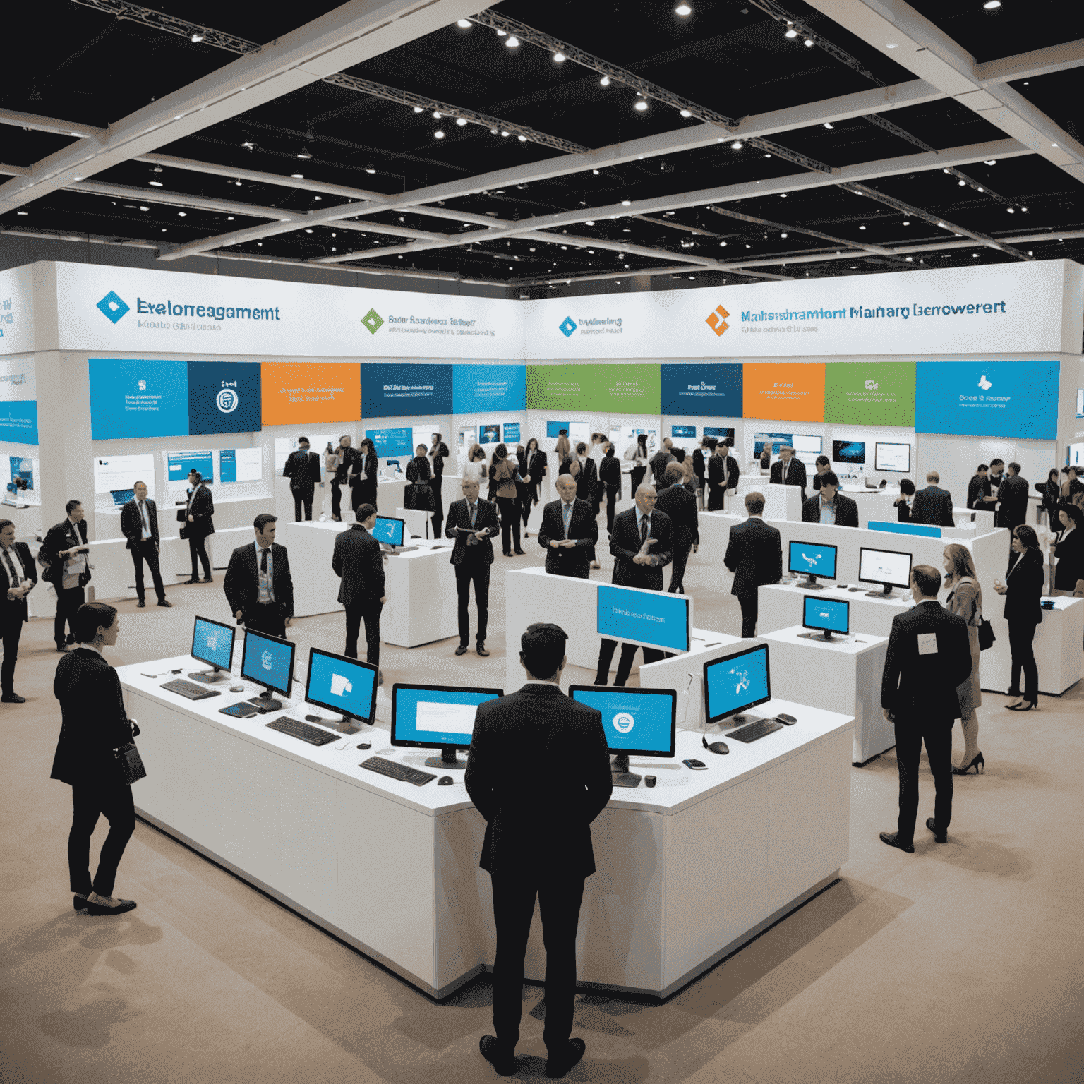 A spacious exhibition hall with modern booths showcasing various project management tools and software. Professionals in business attire are seen interacting with exhibitors and exploring interactive displays.