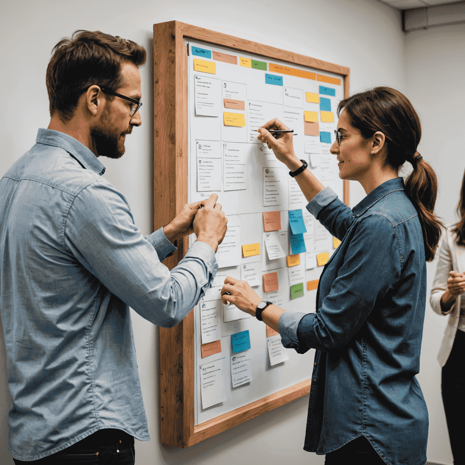 Interactive agile methodology workshop with participants collaborating on a kanban board, demonstrating team collaboration and project planning