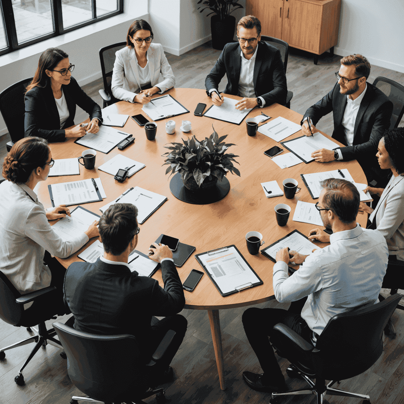 A roundtable discussion with diverse project managers sharing insights on agile methodologies and strategic planning