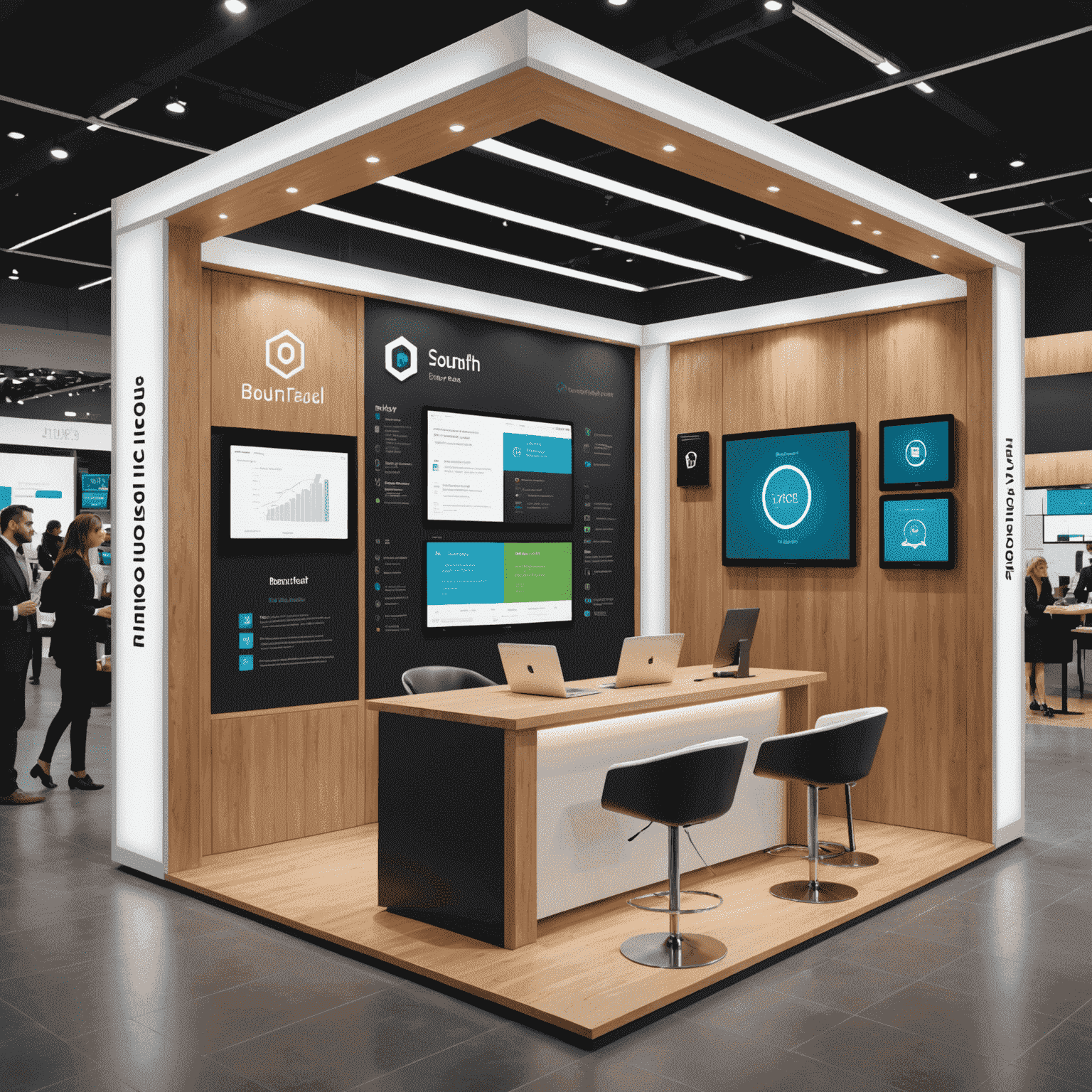 A sleek booth displaying advanced project management software with interactive touchscreens and professional staff demonstrating the product