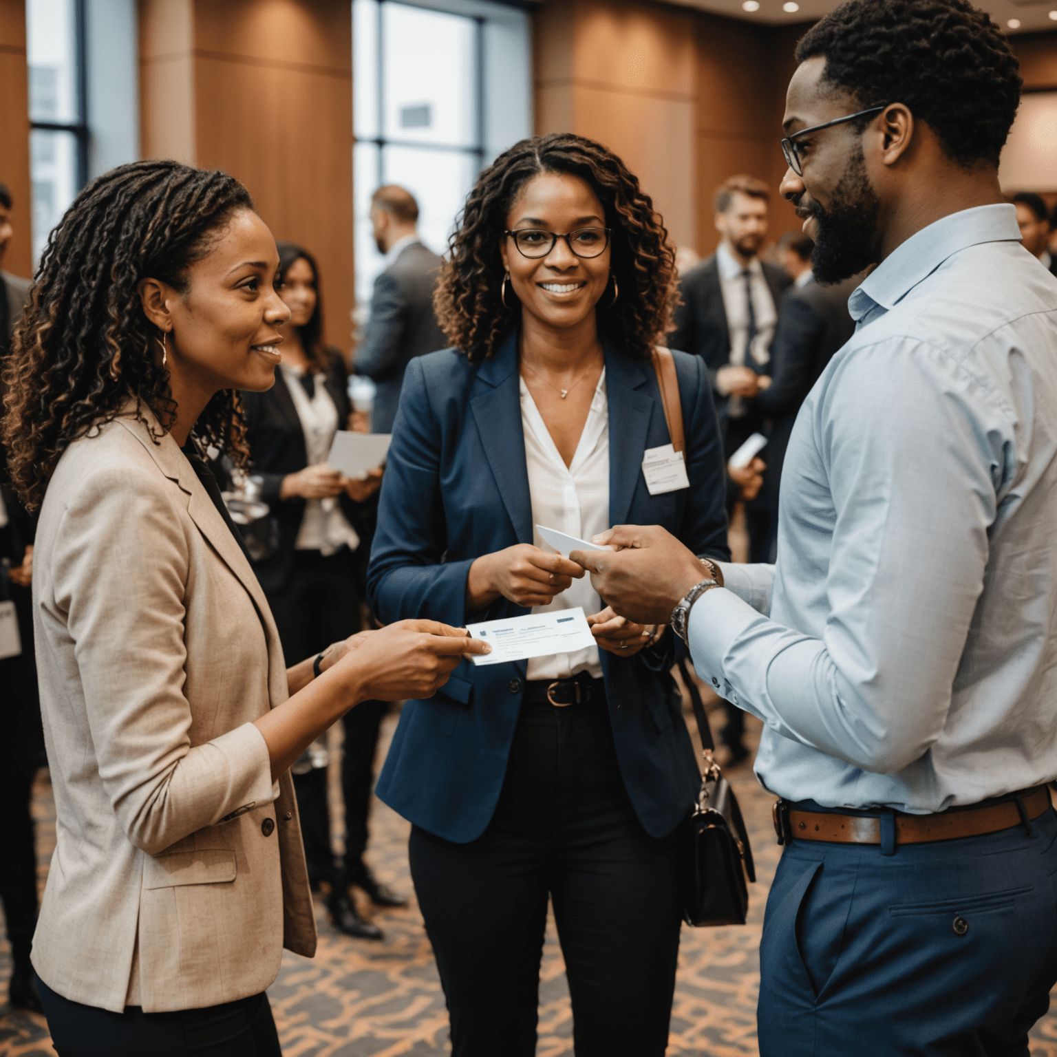 Professional networking event with attendees exchanging business cards and engaging in discussions