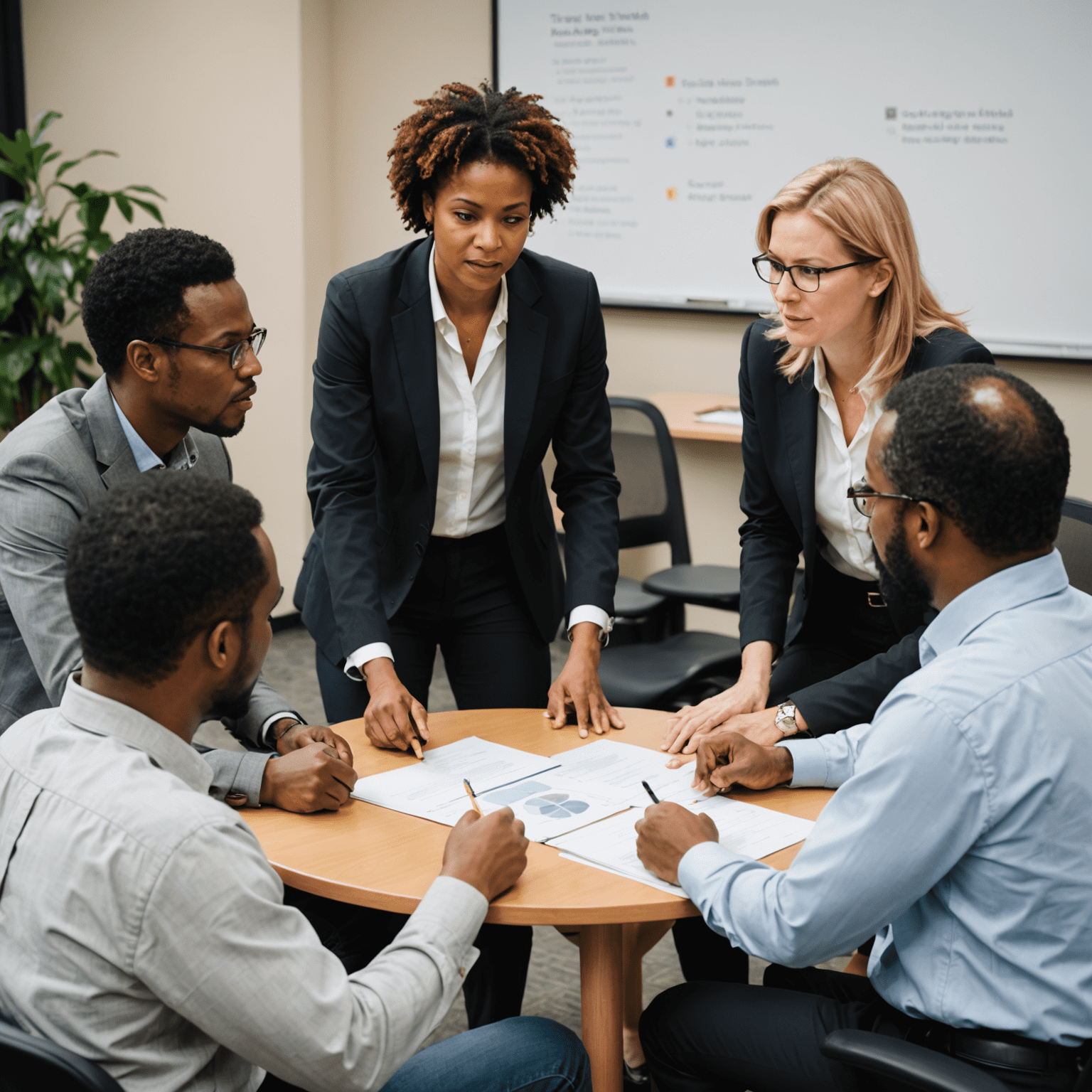 A diverse group of project leaders engaged in a role-playing exercise, demonstrating various leadership styles and conflict resolution techniques