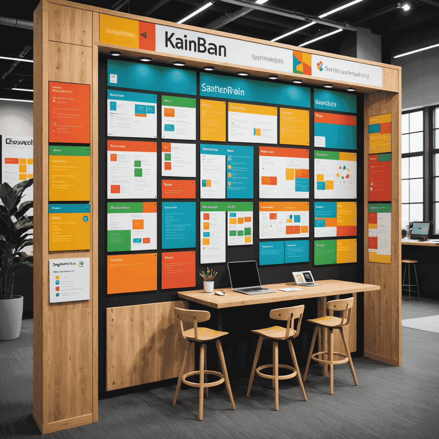 An engaging booth showcasing agile methodology tools with colorful kanban boards and sprint planning displays