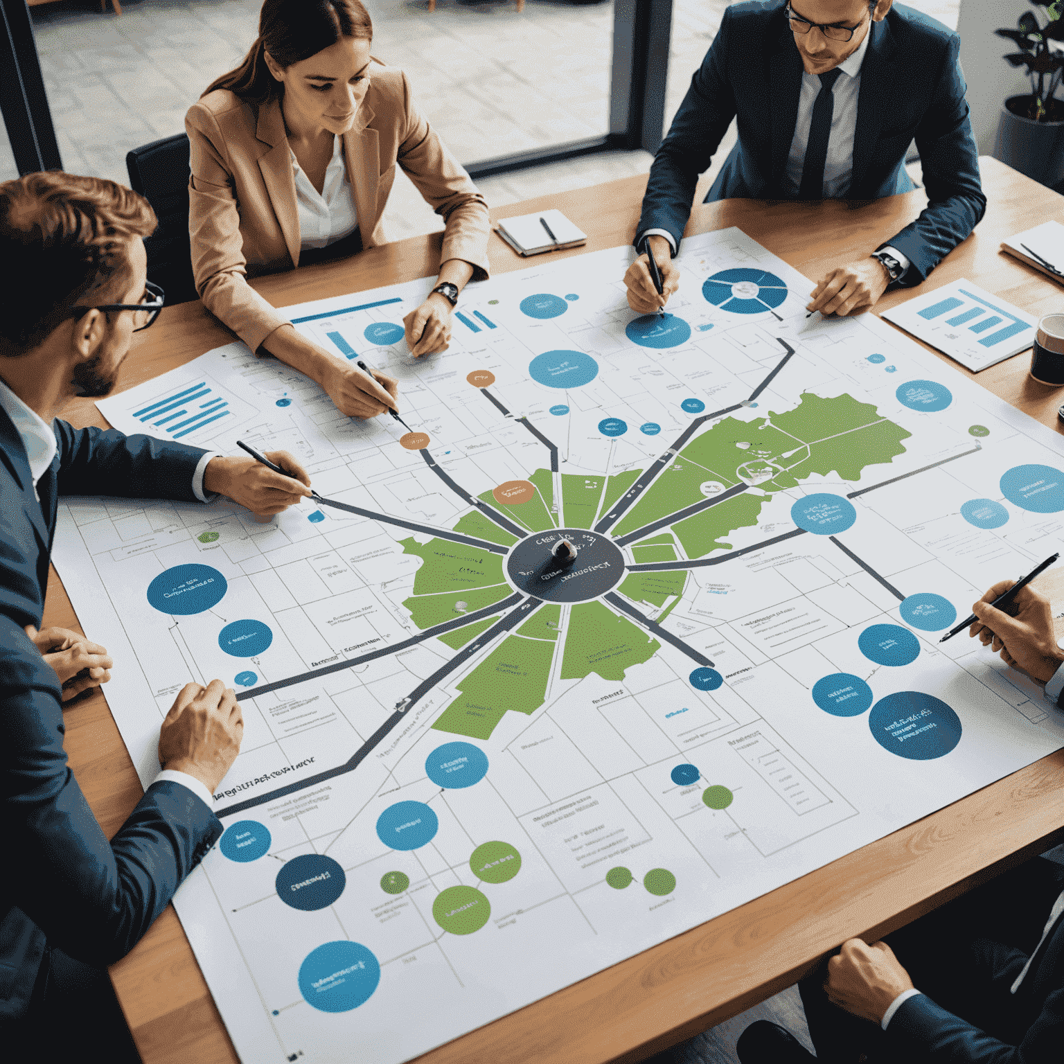 Project managers working on a large strategic roadmap, using visual planning tools and discussing long-term project goals