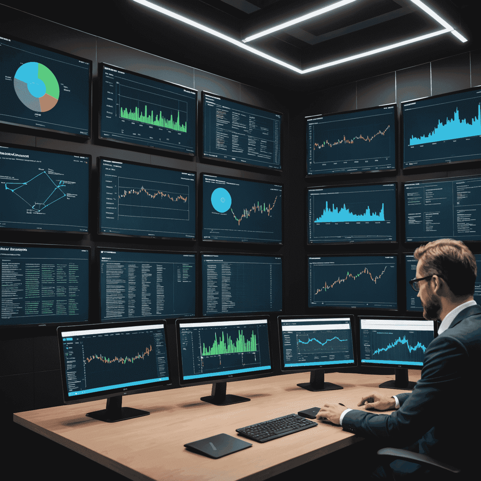 A professional booth presenting risk management software with large screens displaying data visualizations and risk assessment matrices