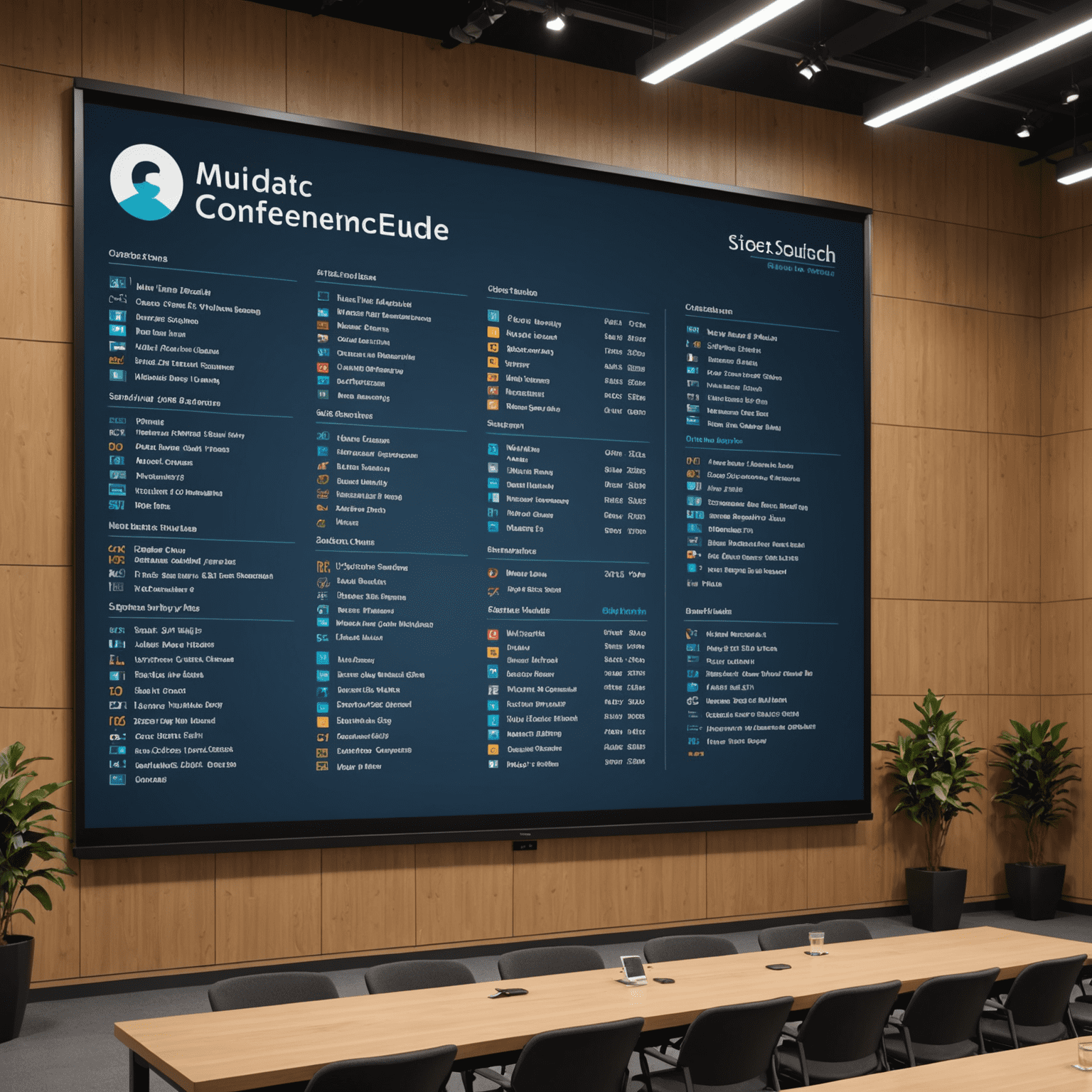 Digital conference schedule displayed on a large screen, showing various sessions and timings