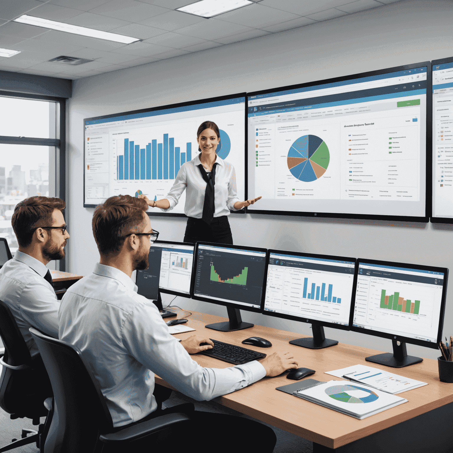 Project managers exploring various project management software interfaces, demonstrating advanced features for scheduling, resource allocation, and reporting
